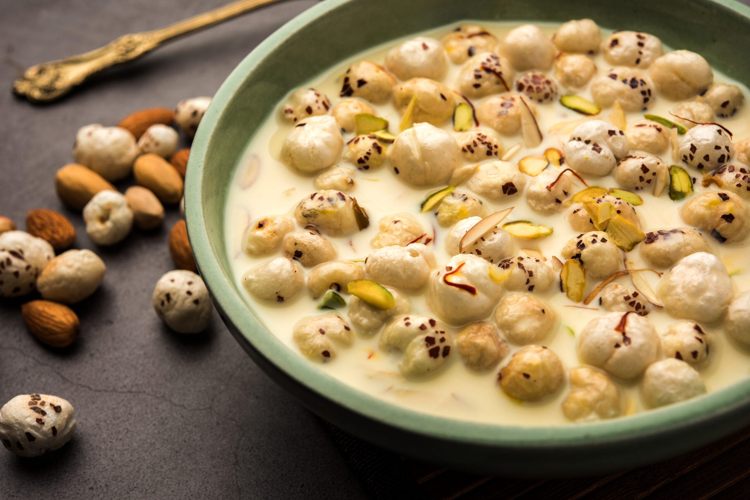 puffed lotus seed pudding is also known as makhana kheer or foxnut payasam, indian dessert