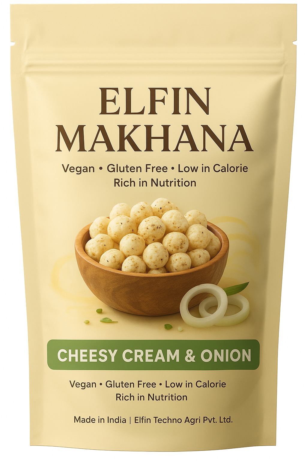 elfin makhana cheesy cream & onion flavor snack pack with bowl of puffed lotus seeds and onion rings.