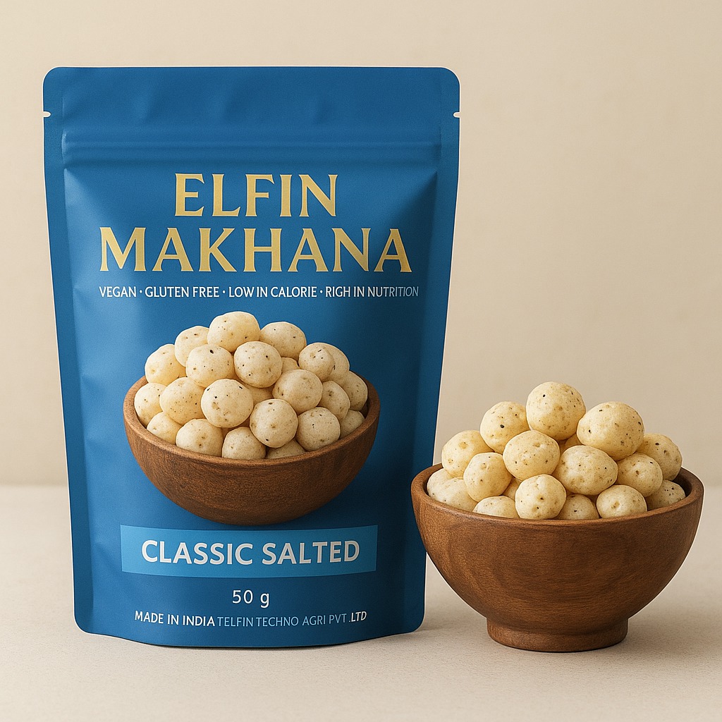 elfin makhana classic salted pack with a wooden bowl of roasted makhana.