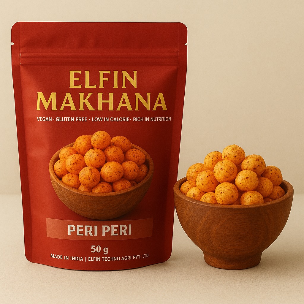 elfin peri peri flavoured makhana snack pack with spicy roasted fox nuts served in wooden bowls – vegan, gluten free, and low calorie healthy snack.