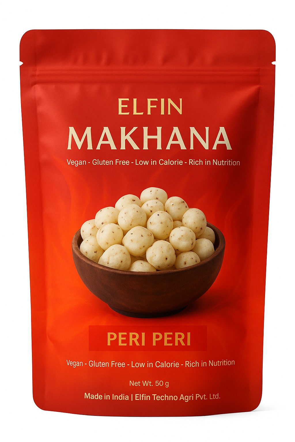 elfin peri peri flavoured makhana snack pack – vegan, gluten free, low calorie roasted fox nuts in red packaging.